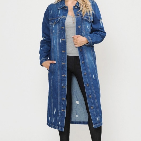 LIGHTLY DISTRESSED LONG DENIM JACKET - Picture 5 of 5